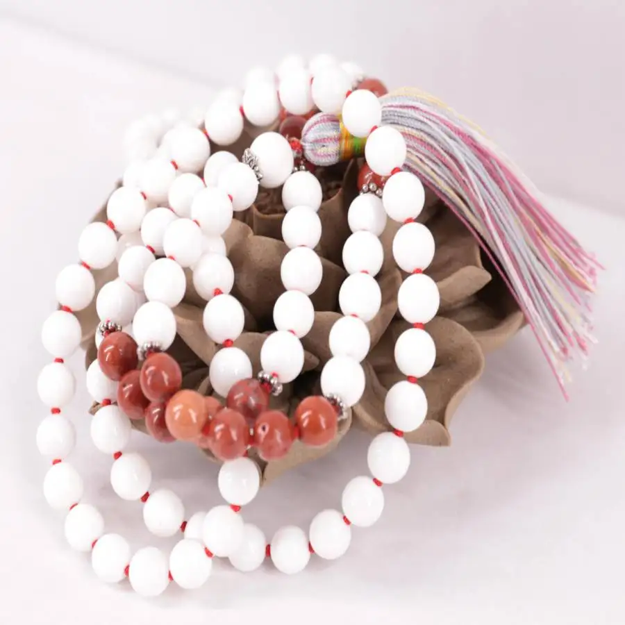 

Natural White Jade 108 Beads Mala Necklace with Red Agate & Colorful Tassel Healing Crystal Jewelry