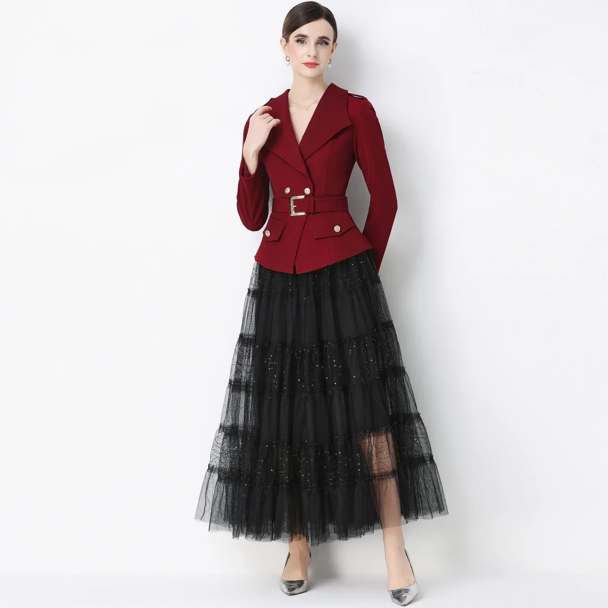 Greenora Slim 2 Piece Blazer and Skirt 2026 New Fashion Office Lady Notched Long Sleeve Belt Brazers Elegant Mesh Maxi Skirt
