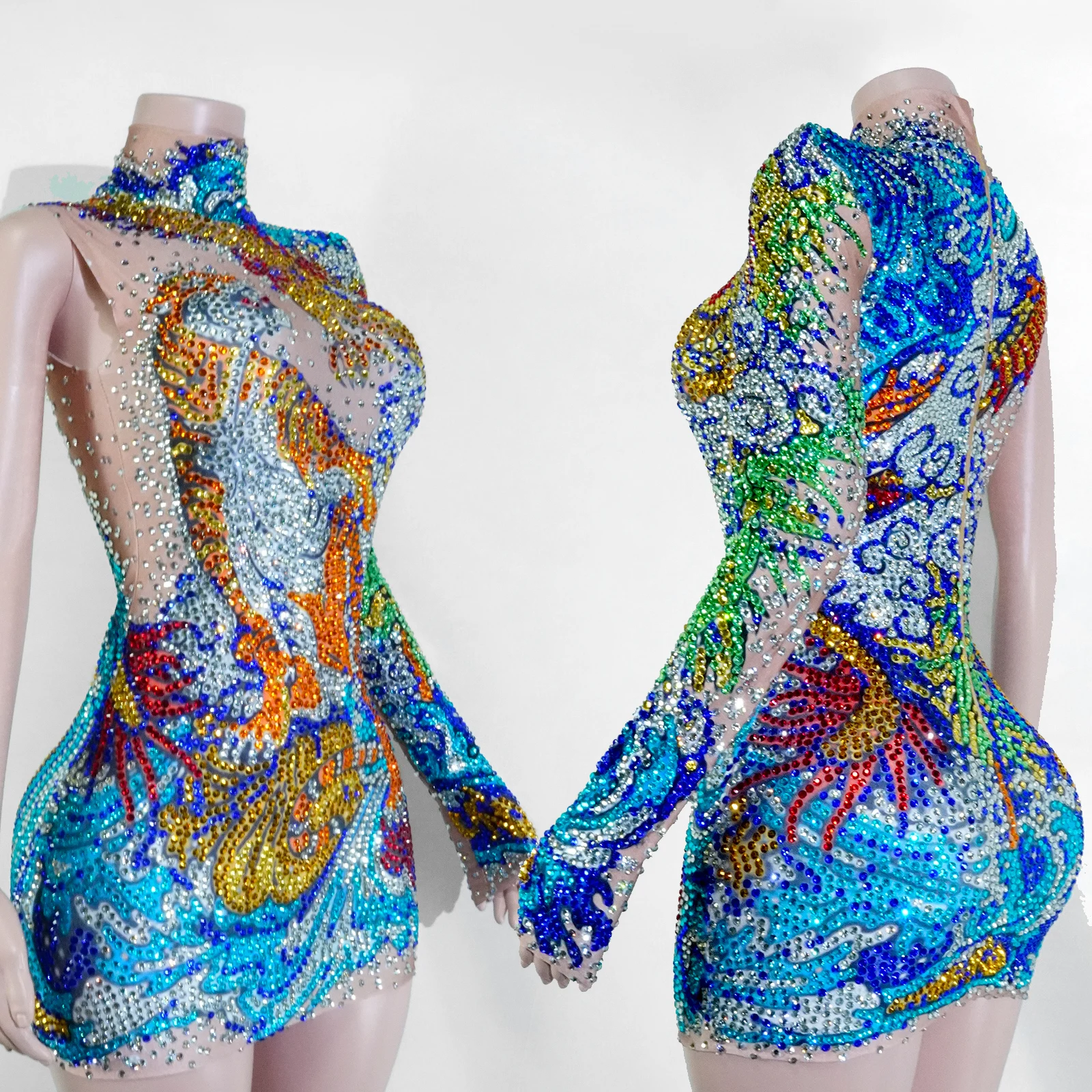 

One Sleeve Design Women Men Sexy Dress Rhinestone Dragon Tiger Birthday Party Drag Queen Outfit Nightclub Stage Wear Gogo Show