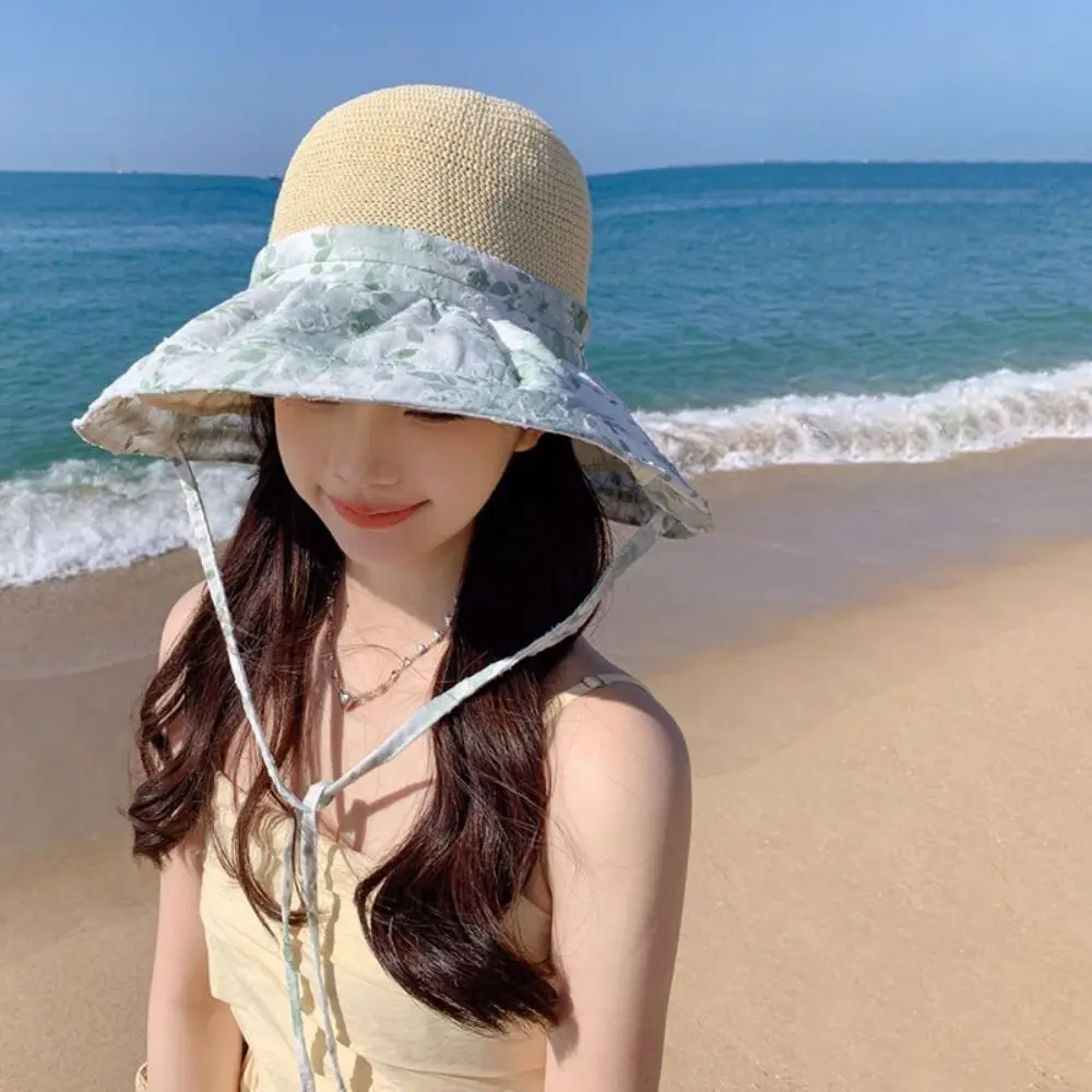 Spring Summer Straw Sun Hat French Style Drawstring Design Foldable Crossbody Bag Sun Protection Big Brim Seaside Beach Cap Lady