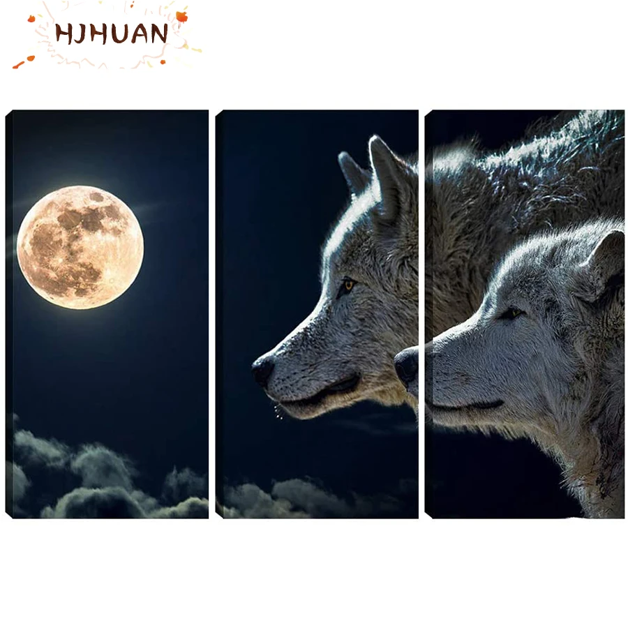 3pcs animal art, wolf looking at the moon Diamant Painting 5D DIY Diamond Painting Full Square Drill Gift Home Decor Gift Resin