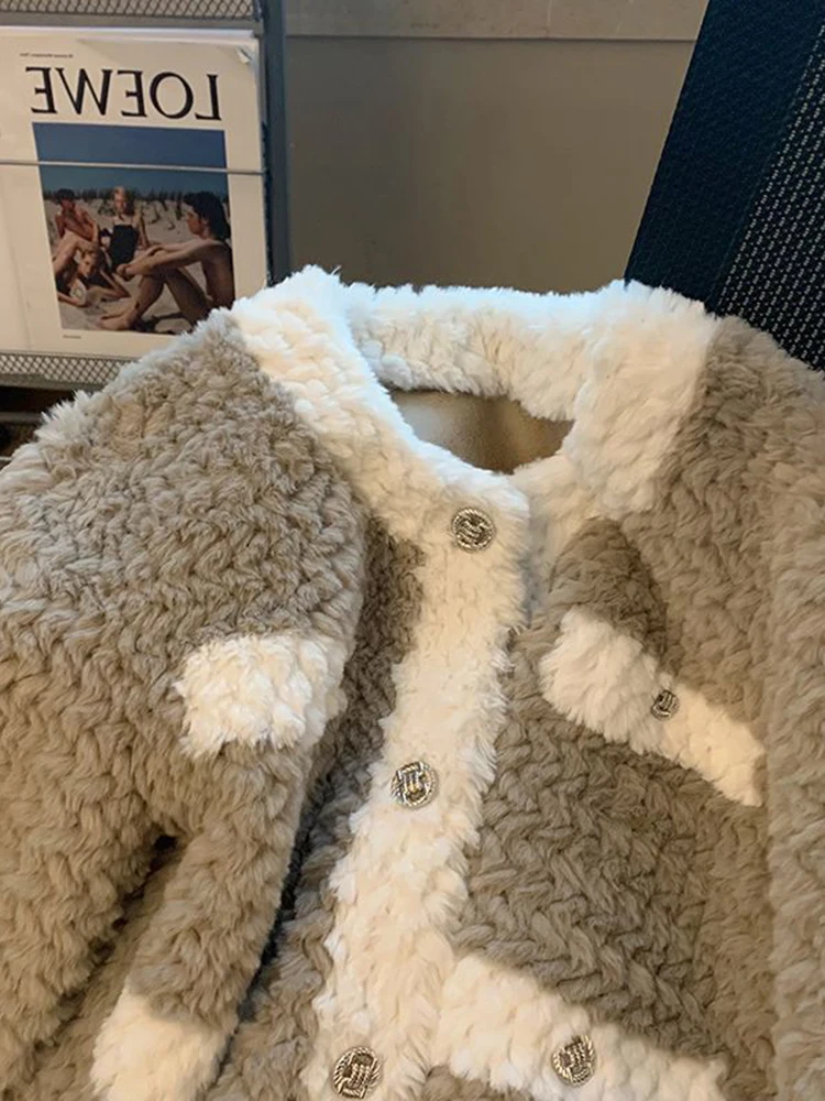Jmprs Patchwork Women Faux Lamb Coat Winter Warm Long Sleeve Vintage Jackets Korean Loose Casual Female Elegant Retro Thick Tops