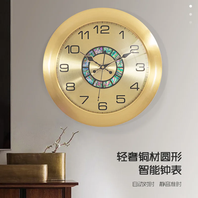 Light luxury brass wall clock New Chinese simple silent clock Home living room Quartz clock Round decorative watch hanging