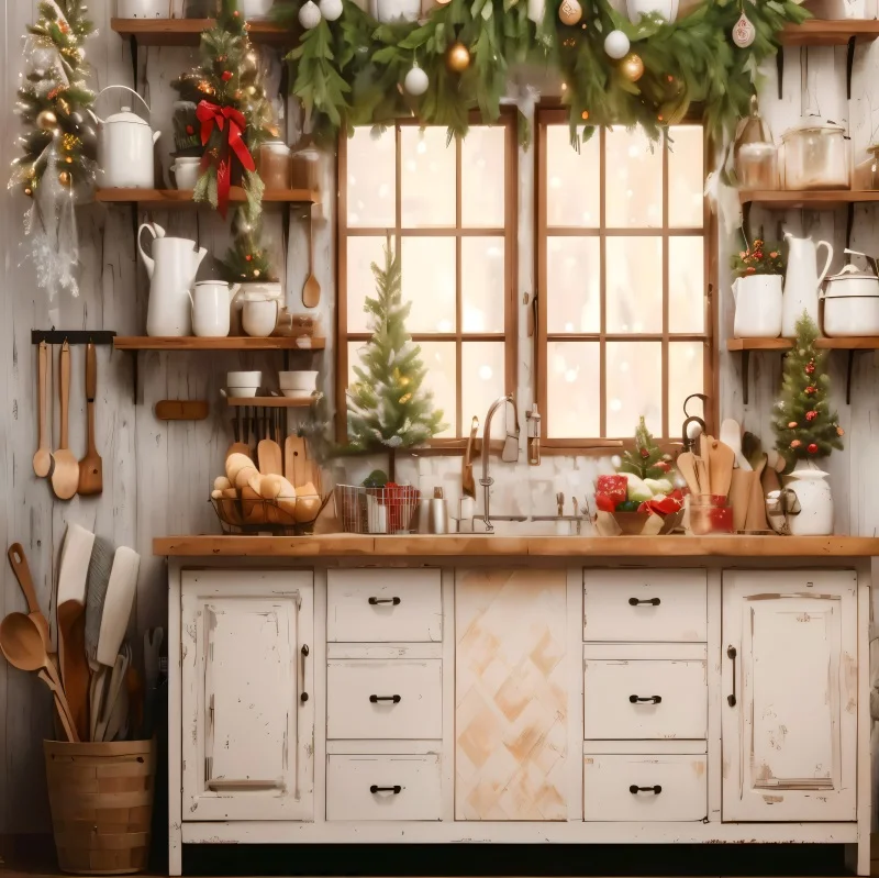 Laeacco Christmas Retro Kitchen Cabinet Background White Wood Pine Needle Cook Indoor Family Party Portrait Photography Backdrop