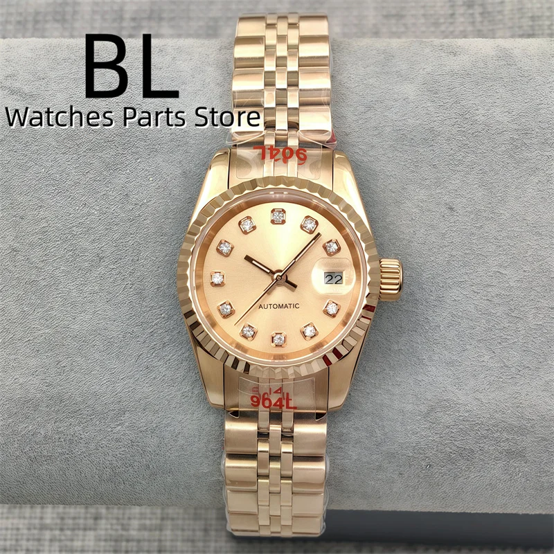 BLIGER Jam Tangan Wanita Gerakan NH05 Mewah 26Mm Emas Mawar Dua Warna Dial Emas Mawar dengan Indeks Berlian Bezel Bergalur Kristal Safir