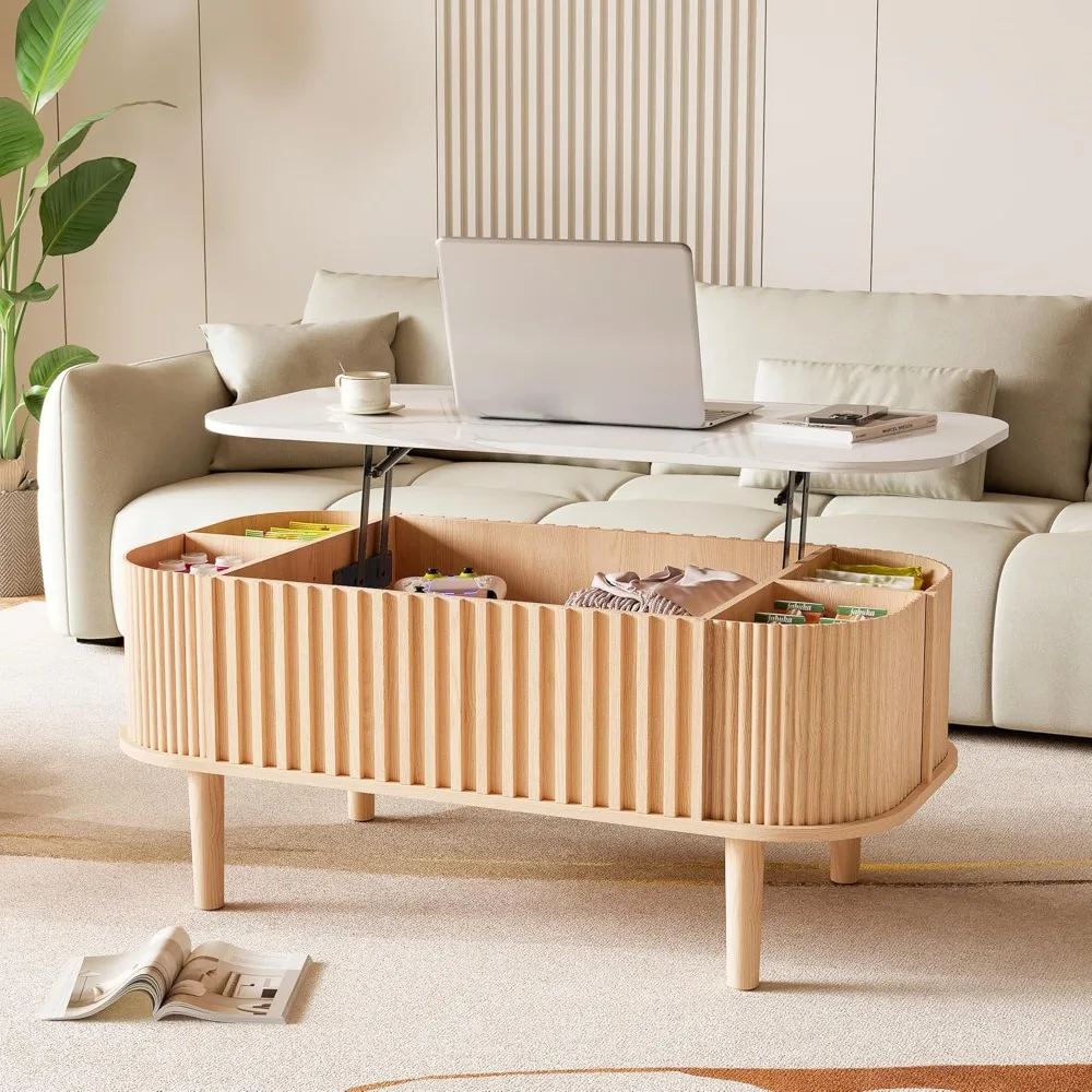 

Oval Lift Top Coffee Table with Storage, 40 Mid Century Modern Coffee Table with Hidden Compartment, Faux Marble Top