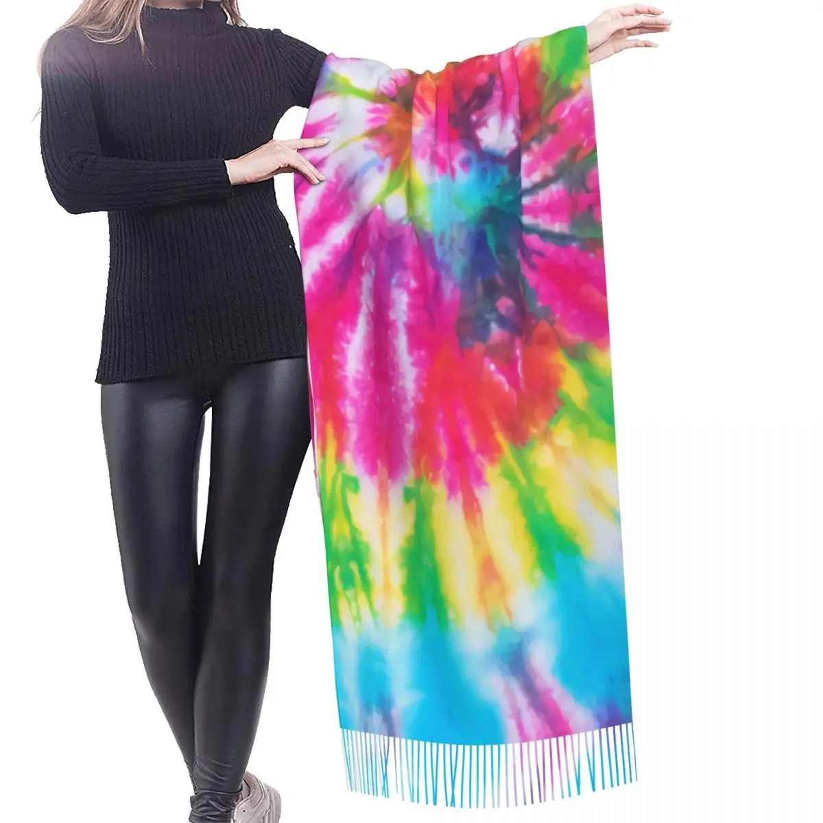 Custom Stylish Very Colorful Tie Dye Tassel Scarf Women Winter Warm Shawl Wrap Female Traditional Dyeing Art Scarves