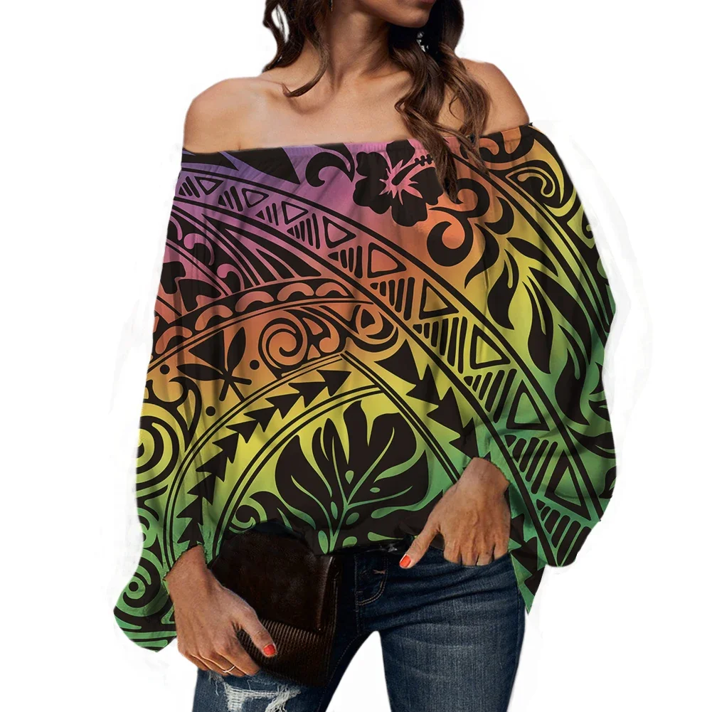 Elegant Chiffon Blouses for Women, Kanaka Maoli, Polynesian Tribal Hibiscus, Plumeria Print, Sexy Off Shoulder Shirt, Streetwear