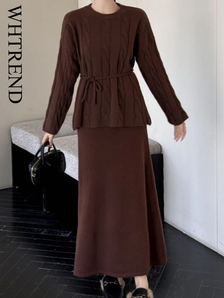 WHTREND مجموعة متماسكة برقبة دائرية للنساء لخريف وشتاء 2025 سترة جديدة برباط علوي + تنورة فضفاضة طقم مكون من قطعتين WH1821 #1