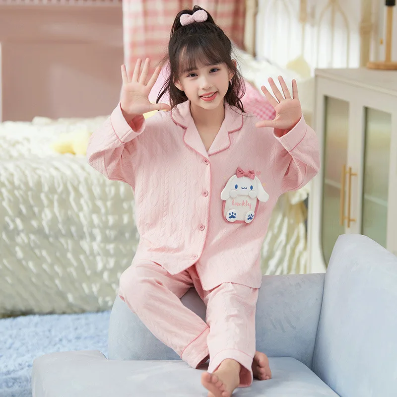 Sanrios Child Pajamas Girl Pure Cotton Jacquard Long Sleeves Spring Autumn Kawaii Cartoon Child Winter Autumn Home Set