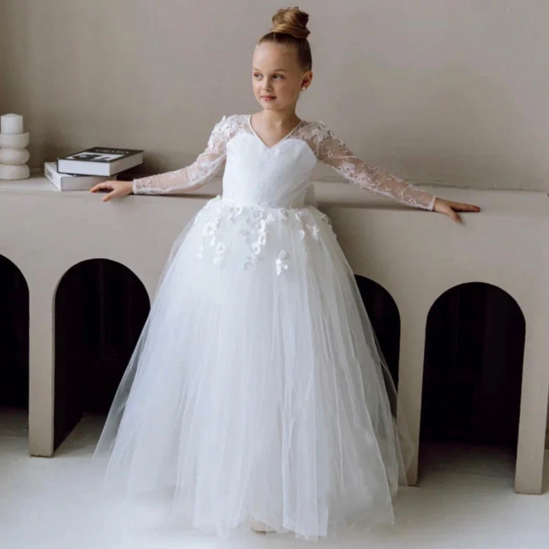 White Flower Girl Dresses Tulle Puffy Appliques With Bow Long Sleeve For Wedding Birthday First Communion Gowns