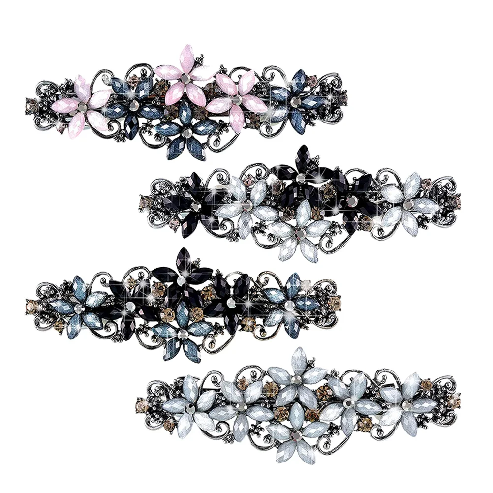 

4Pcs Rhinestone Flower Hair Barrettes Vintage Hair Clips for Women Sparkly Ponytail Holder Comfortable Hairstyle Gift