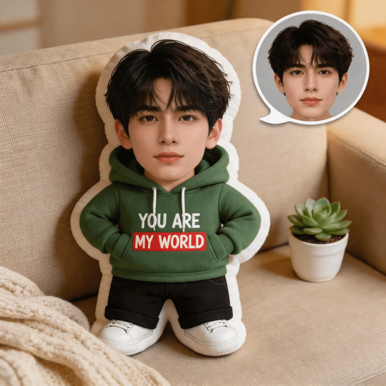 Custom Personalized Photo Face Pillow, Young Man in Green Hoodie with You Are My World Design Custom Shaped Decor Cushion home