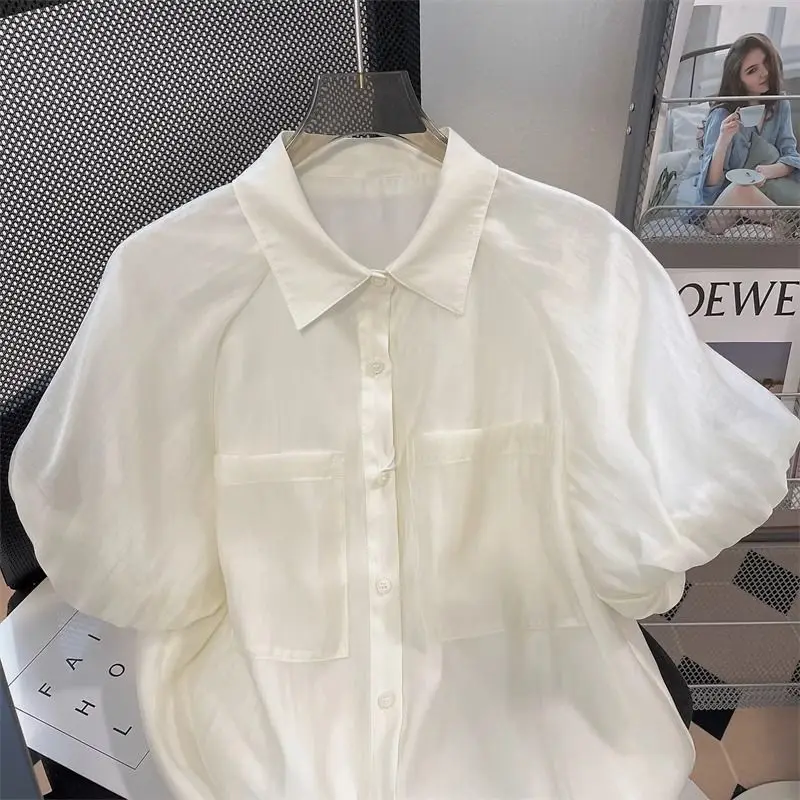 French Retro Puff Sleeve Chiffon Shirt for Women in Summer New Loose Short-sleeved Top