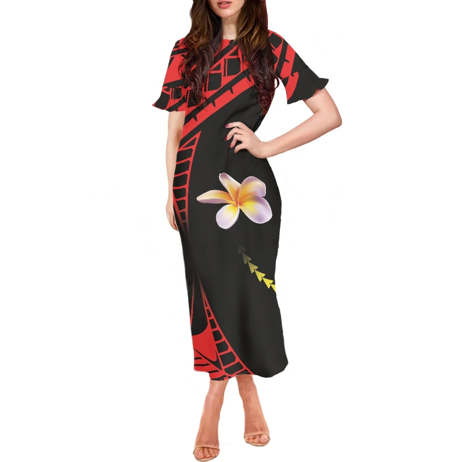 

Wholesale Polynesian Clothing Style Short Sleeve Samoan Tribal Design Women Tops Matching Dress Couple Attire Clothes