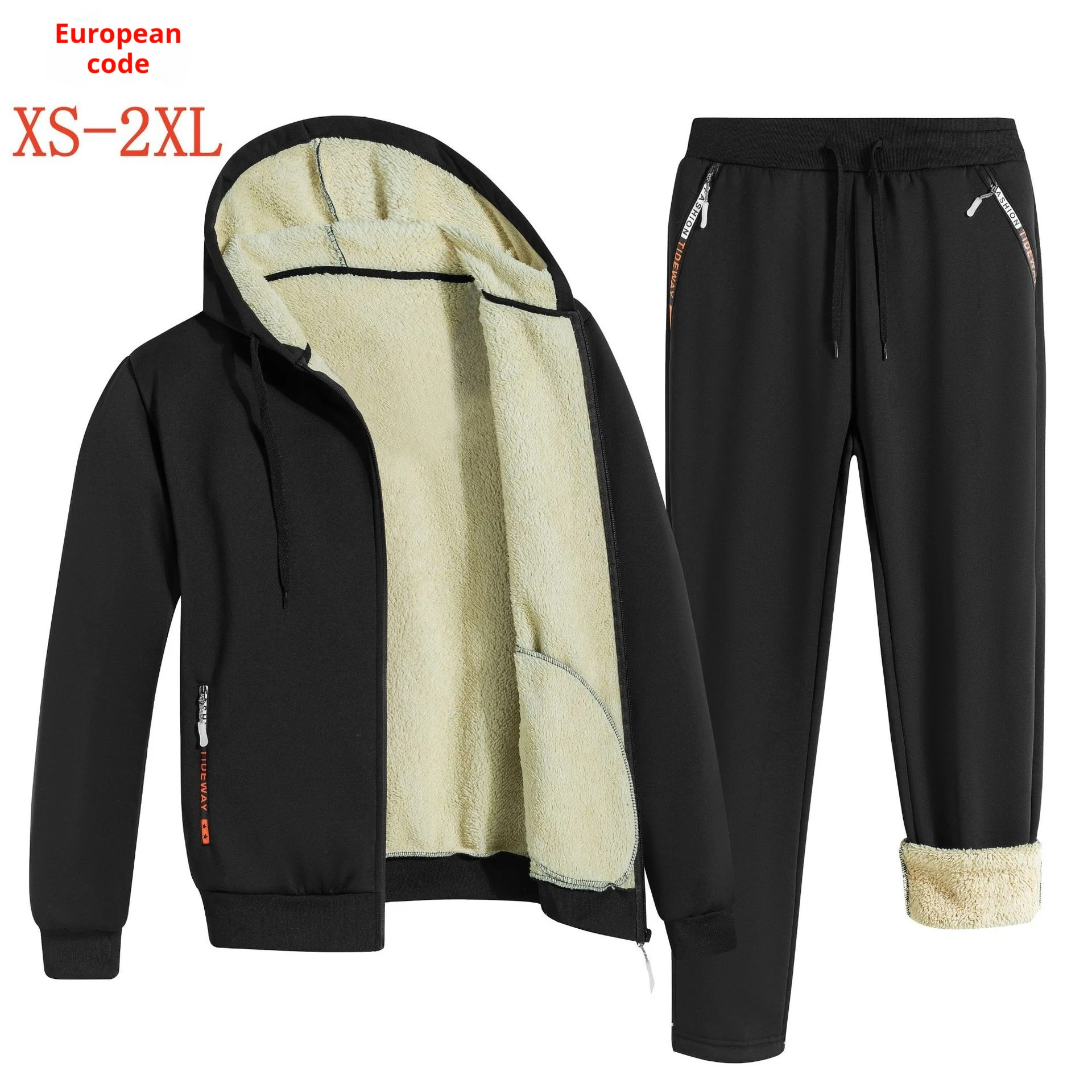 

Mens European American Hooded Plush Baseball Suit Set Lamb Fleece Jacket Thick Warm Tracksuit Casual Men's Winter Set