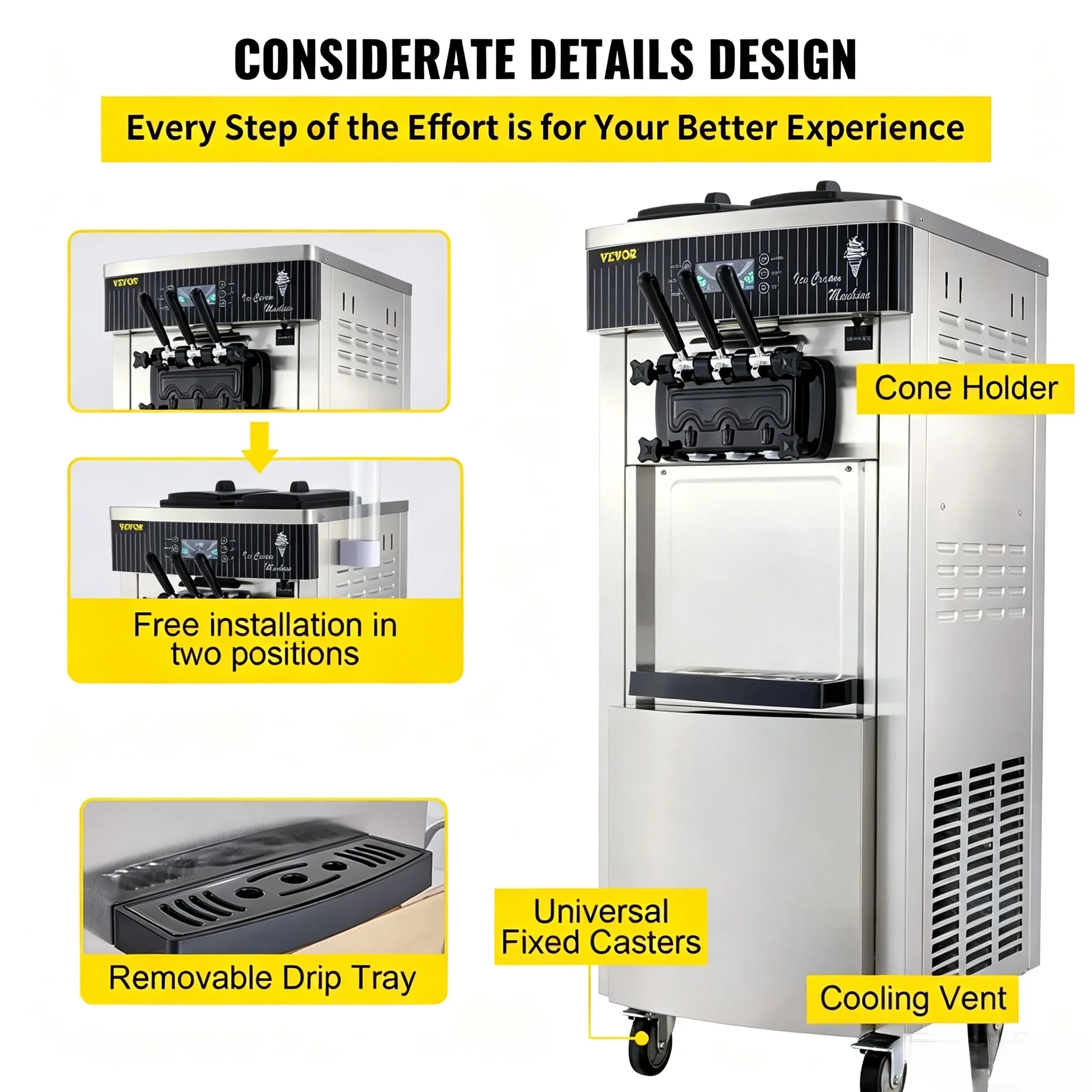 Máquina de Helado Suave Comercial SIHAO, Acero Inoxidable, 3 Sabores, Automática, para Yogurt Congelado, Uso Doméstico/Comercial, 220V