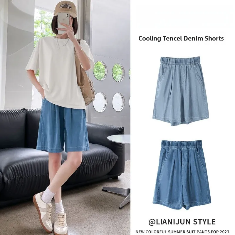 

Summer Thin High Waist Denim Shorts Women's Casual Loose Wide Leg Five-Quarter Length Jeans Casual Slimming Pants