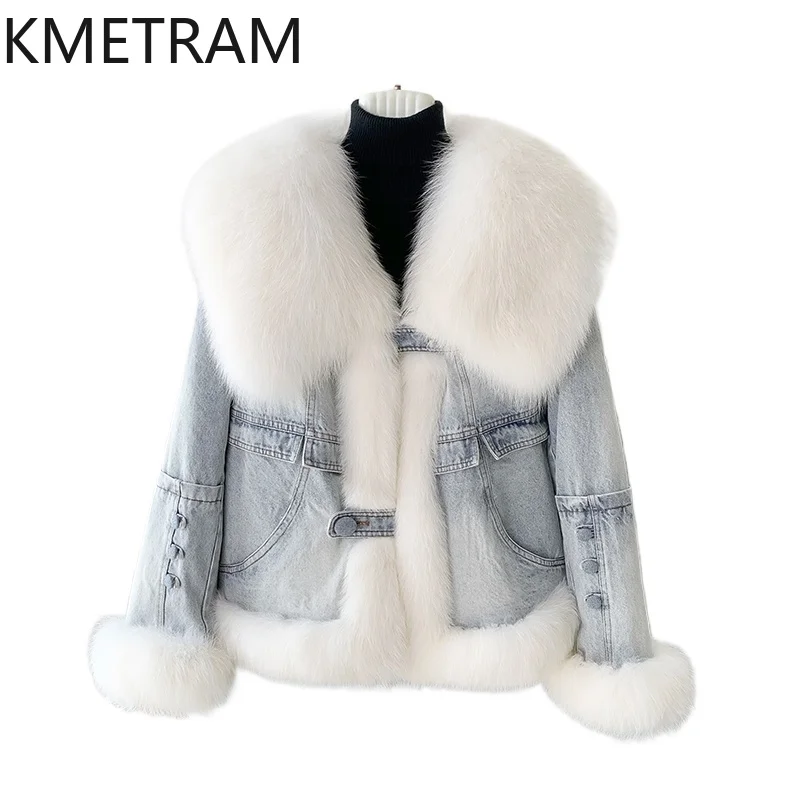 KMETRAM 100% Natural Fox Fur Collar Discounted Price Light Purple Fur Leather Winter Fashion Coat 2025 manteaux hiver femme