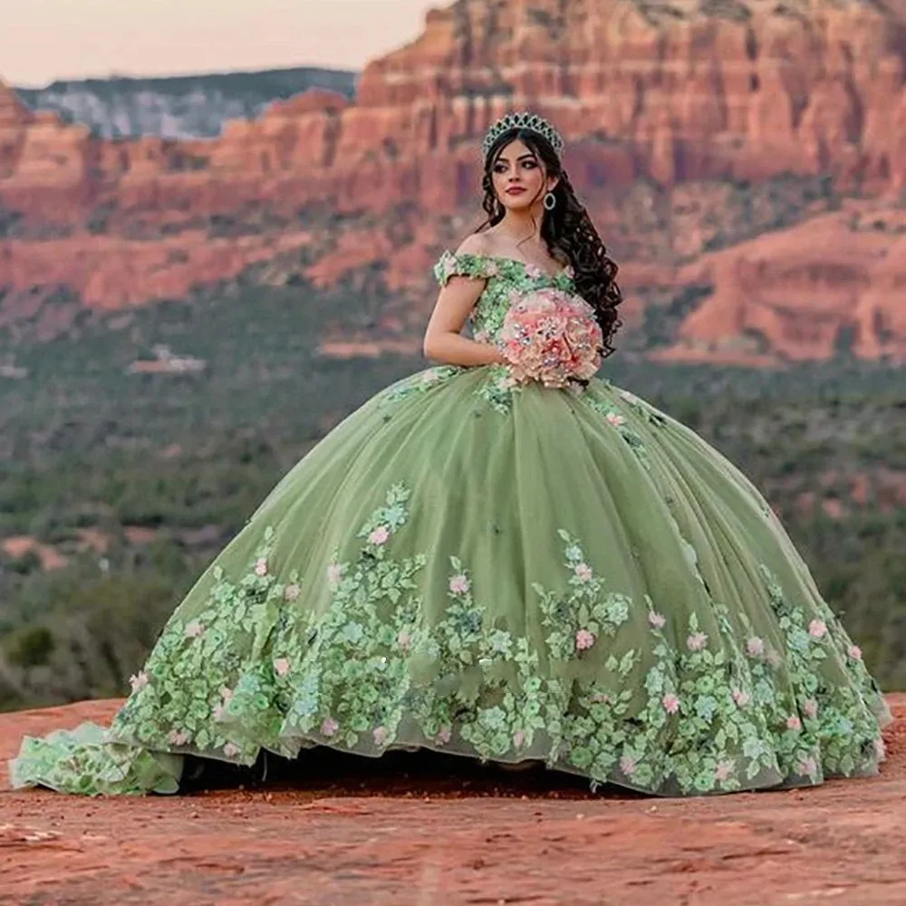 Green Charro Quinceanera Dresses Ball Gown Off The Shoulder Tulle Appliques Puffy Mexican Sweet 16 Dresses 15 Anos