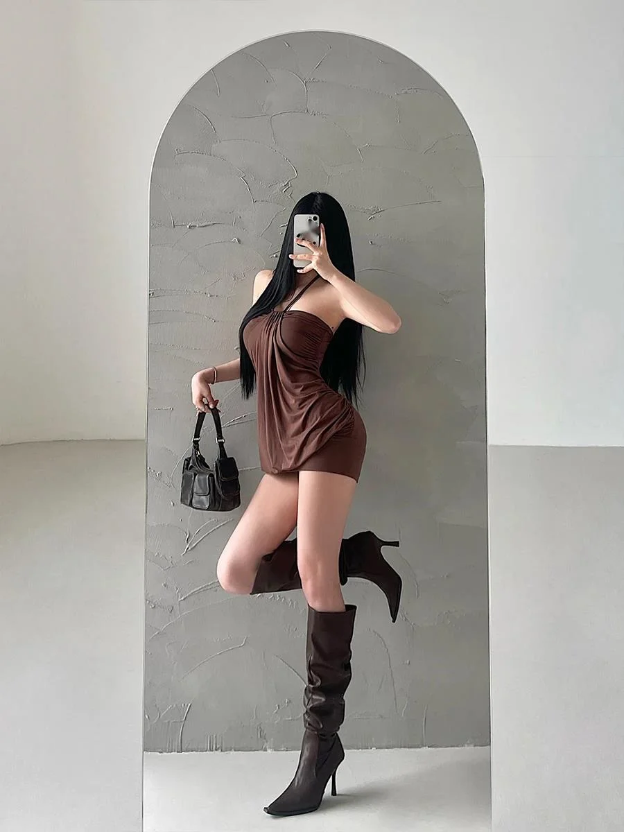 فستان صغير مثير بدون حمالات برباط مطوي للنساء ، تصميم فتاة حار ، رقبة معلقة ، فستان قصير ، قمم أرجوانية أنيقة ، موضة ، Y6IZ #3