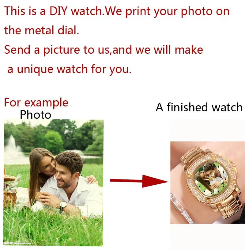 ساعة صور مخصصة للنساء لون ذهبي ساعة حجر الراين تخصيص الصور ساعة اليد طباعة صورة شخصية لتقوم بها بنفسك هدية لفتاة