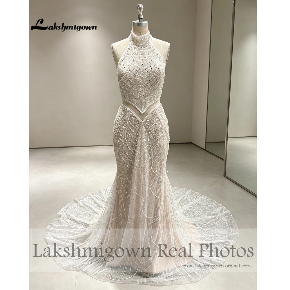 Lakshmigown Neckholder-Meerjungfrauenkleid mit transparenten Details, Blush-farbenes Brautkleid mit Perlen und Pailletten, 2027, echte Fotos, maßgeschneidert. – Detail 6