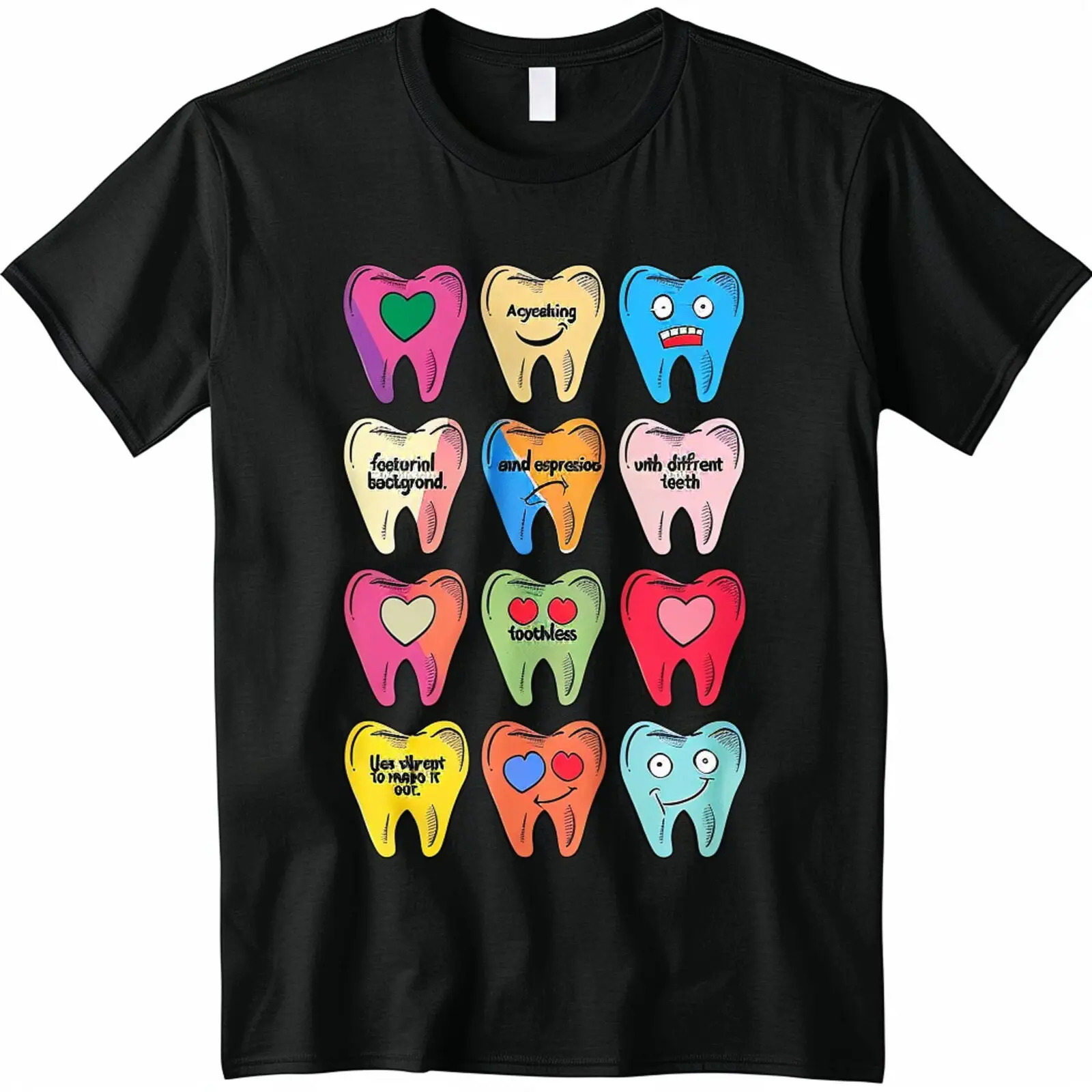 Colorful Emotions: Vibrant Teeth Design on Black Tee Perfect for Smile Lovers