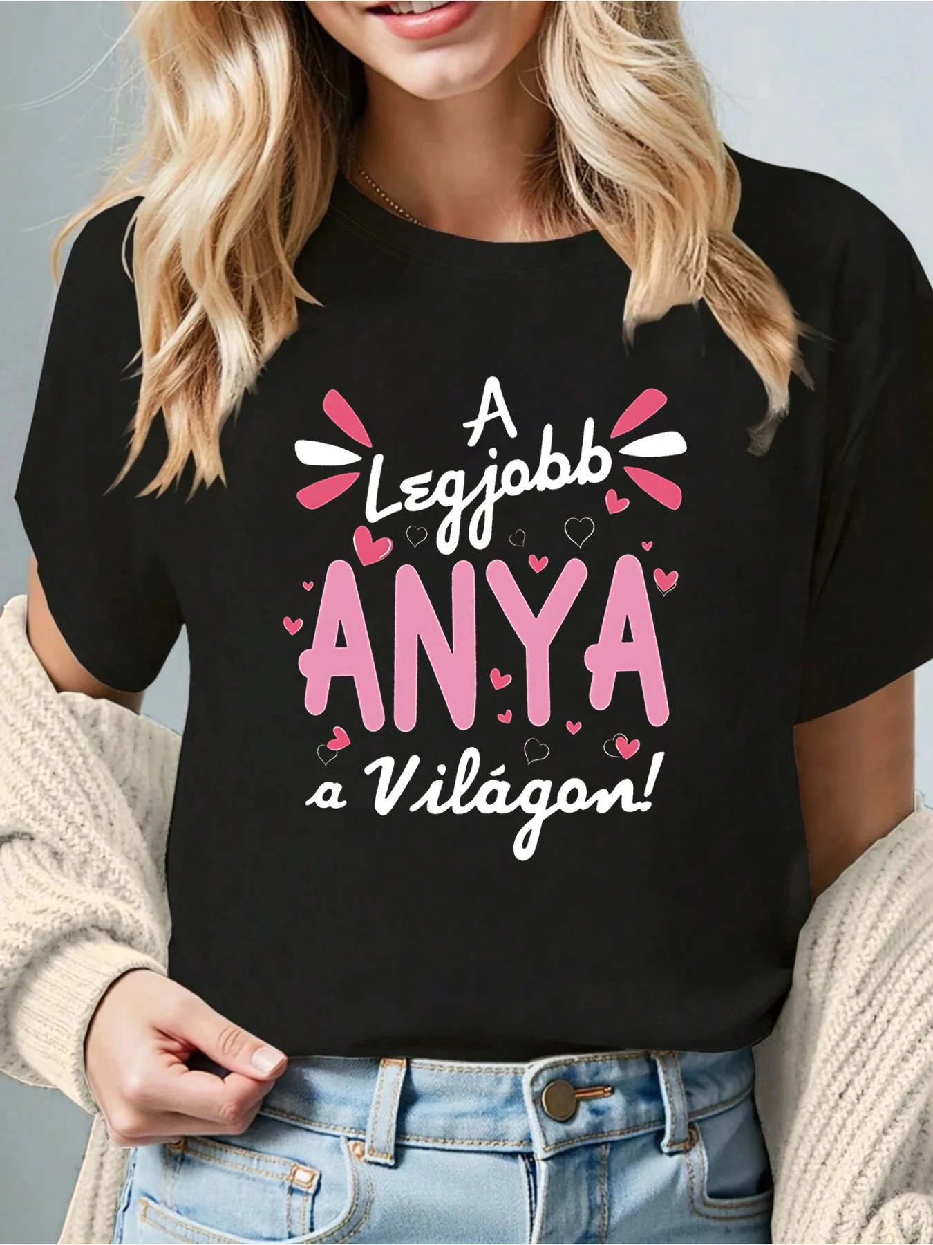 

Women's T-shirt Short Sleeve A Legjobb ANYA a Világon! Hungarian Letter Print Crew Neck Casual Top For Summer & Spring