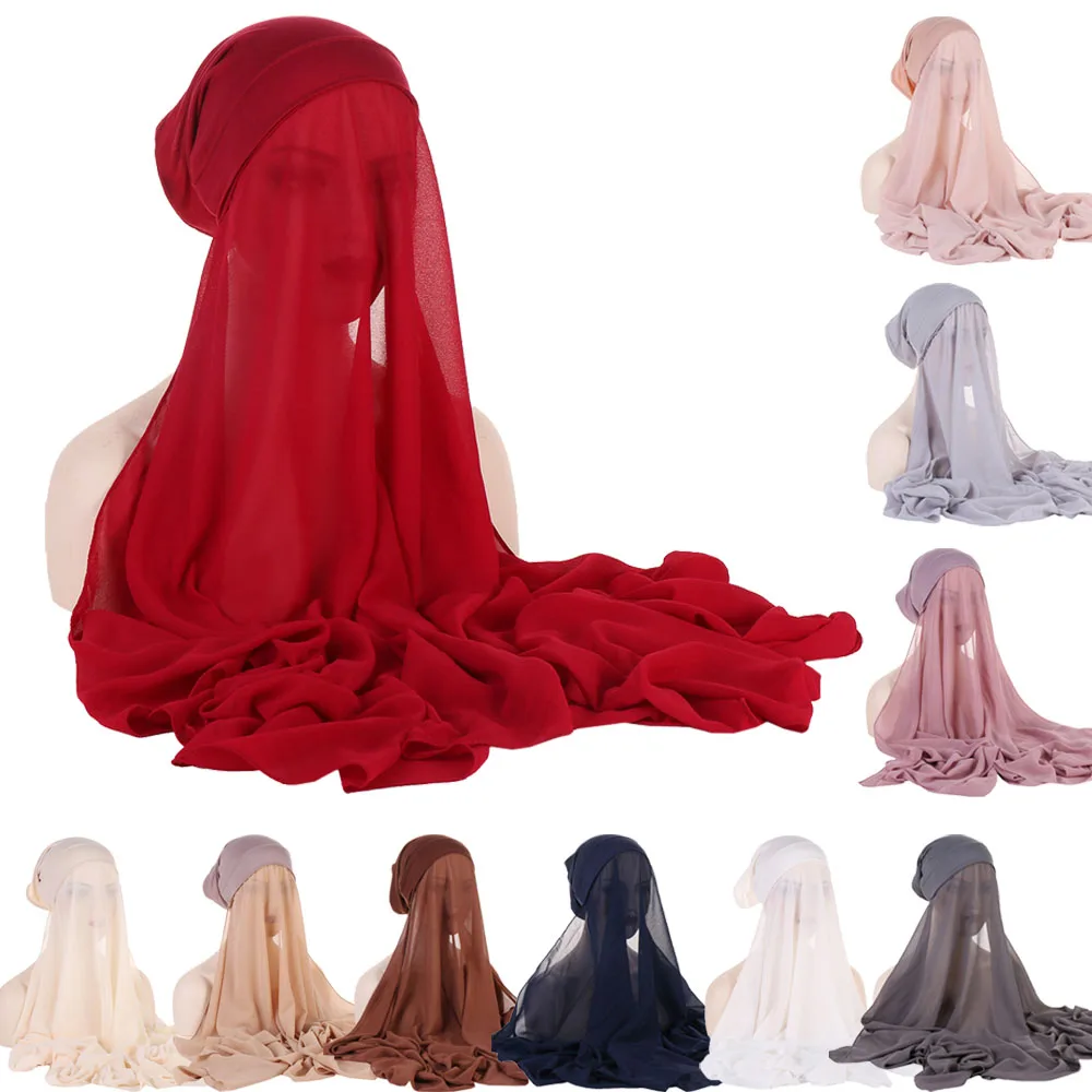 

New Chiffon Instant Hijab with Tube Undercap Attached Head Scarf Muslim Women Pull On Ready Wear Headwrap Shawls Turban Headband