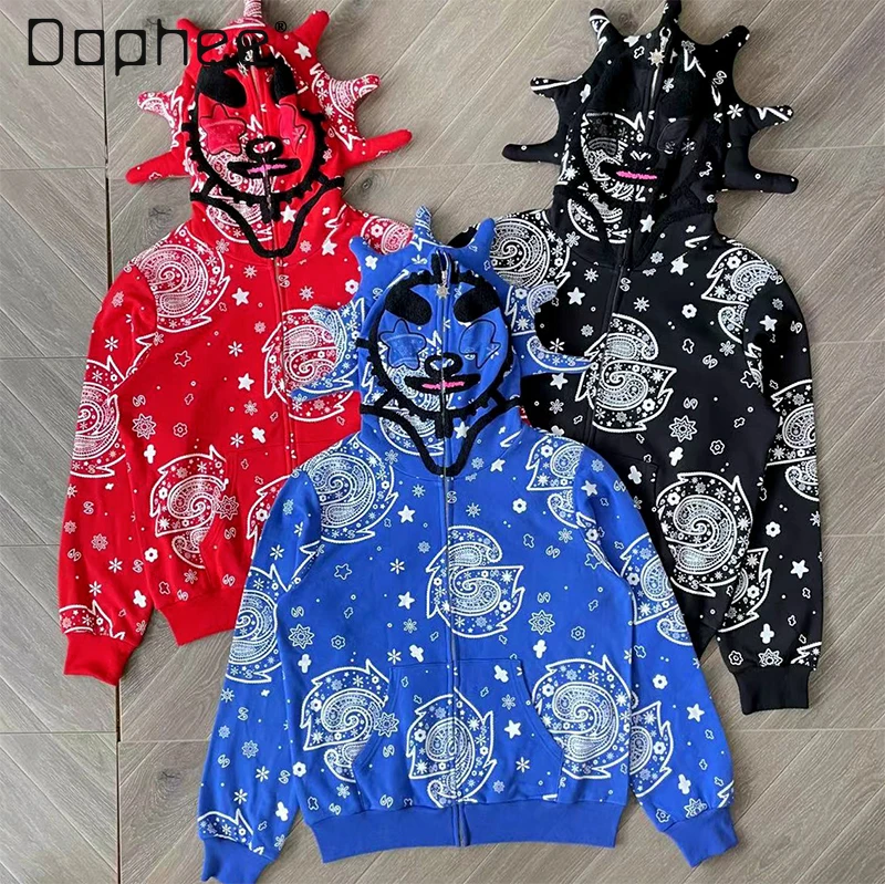 

High Street Gothic Cartoon Embroidery Print Hooded Zipper Sweatshirt for Men Trendy Harajuku Oversized Casual Punk Style Tops