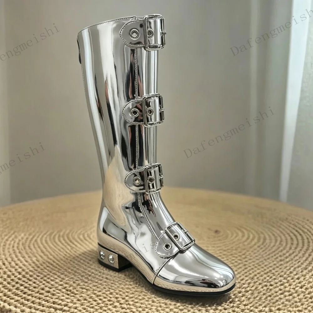 Women Metallic Gold Knee High Boots Multi Buckle Decor Round Toe Low Block Heel Rhinestone Knight Boots Fashion Party Boots