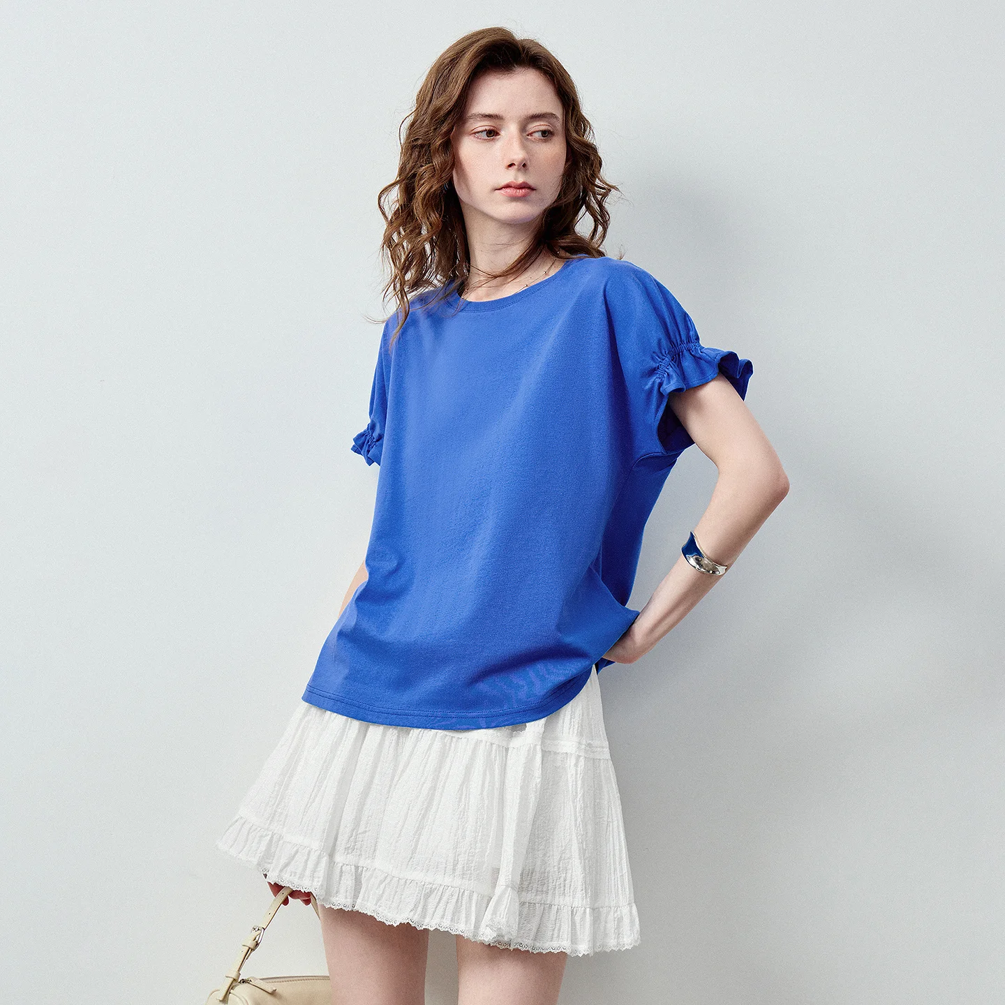 TOYOUTH Women Cotton T-shirt 2026 Summer New Cuff Pleated Ruffle Loose Elegant Continuous Sleeve Simple Casual Tops
