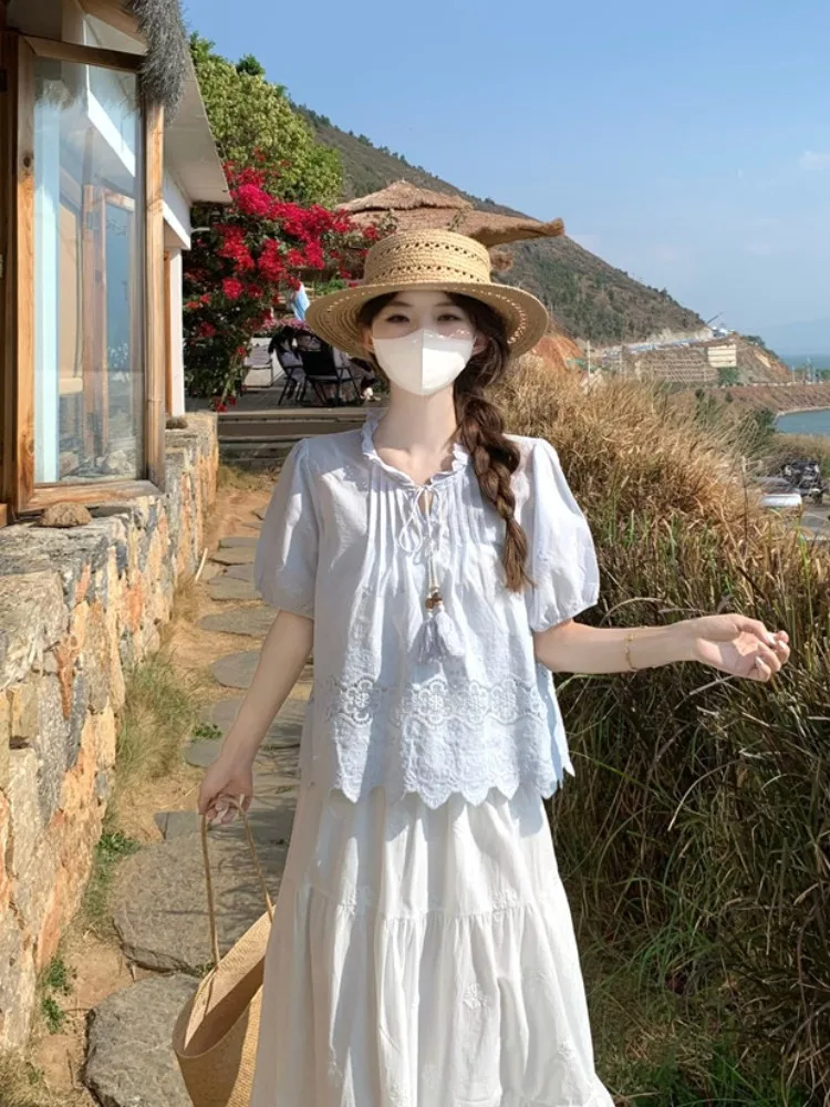 

Unique Short Lace Trim Shirt Women Summer Sea Salt Blue Doll Half Skirt Matching Young Looking Blouse Korean Style Bubble Sleeve