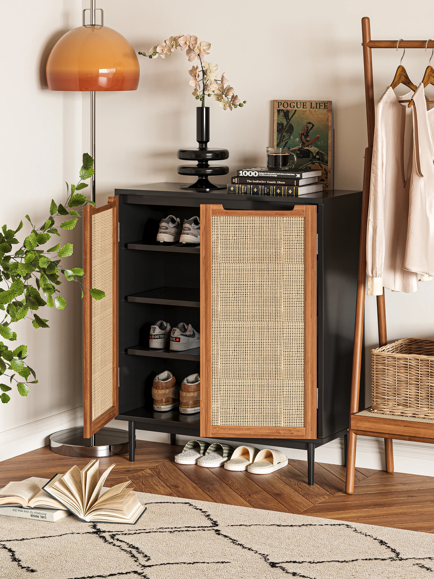 Solid wood shoe cabinet rattan small-sized locker entrance porch cabinet Italian simple shoe rack storage cabinet