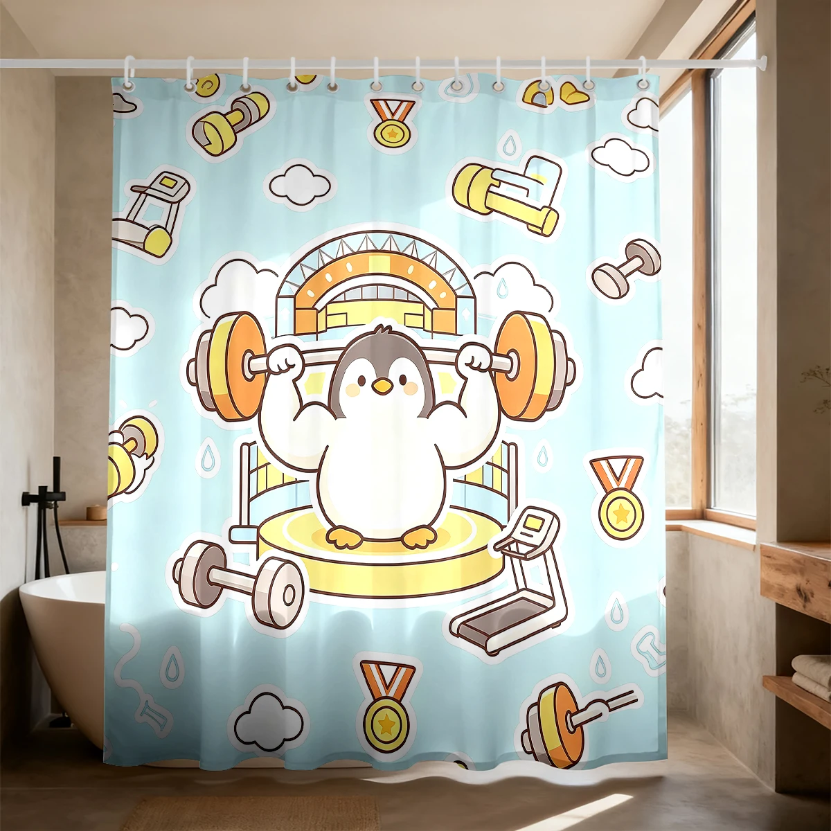 1pc fitness penguin print shower curtain fashionable privacy protection curtain suitable bathroom living room decoration
