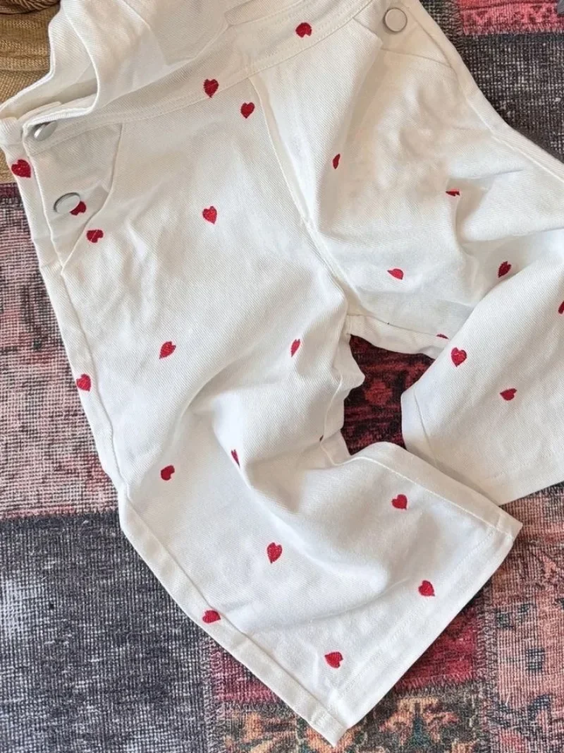 Korea Kids Jumpsuit for Girls Cute Red Heart Pattern Overalls Toddler Girl Kawaii Suspender Trousers Pants 80-130cm