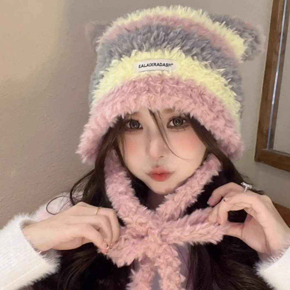 Fashion Cat Ear Women Knitted Hat Contrast Stripe Windproof Winter Beanies Cap Thick Warm Ear Protection Pullover Hat