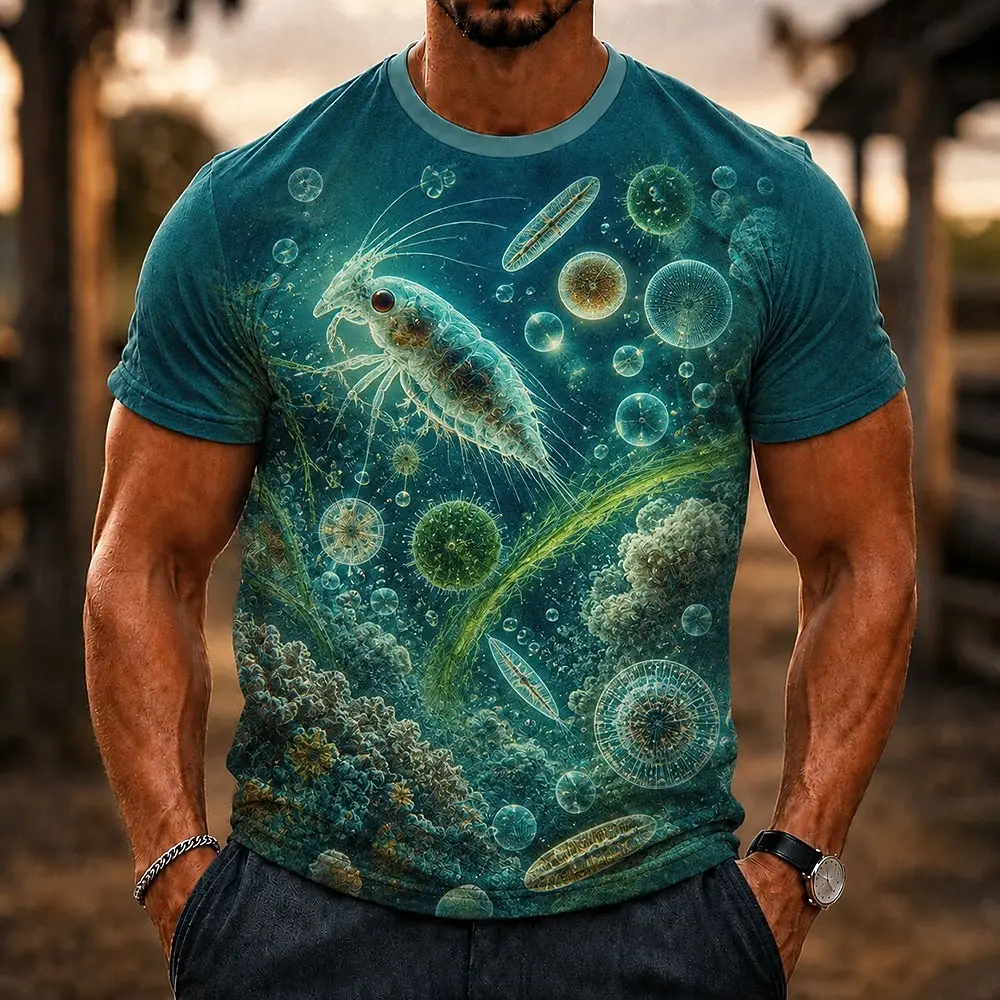 Men's Spring Summer 3D Printed Crew Neck T Shirt, Glowing Crystal Mushroom Firefly Elf Fantasy Forest Healing Graphic Top