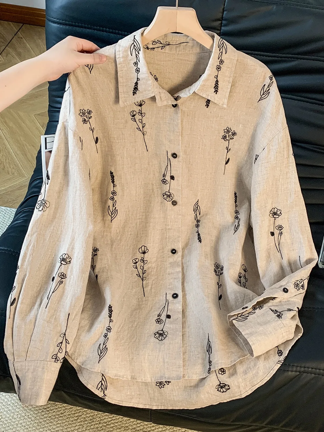 Ele Embroidered Linen irt Women's Loose Fit Long Sve Cotton Linen Top for Autumn Season Comfortable Breathable