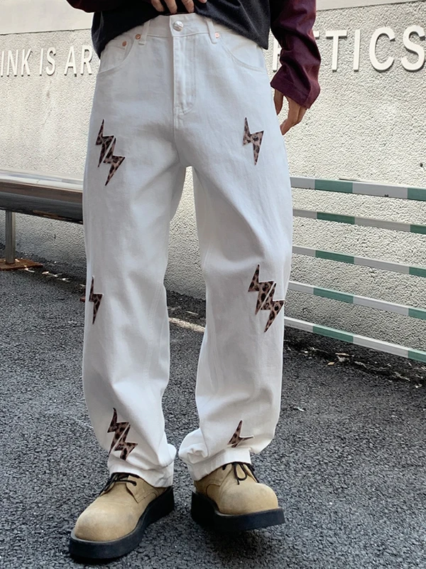 

Retro American Brand High-Ounce Straight Leg Waed Casual All-Match Lightning Jeans Men Women Leopard Print Patch Leather