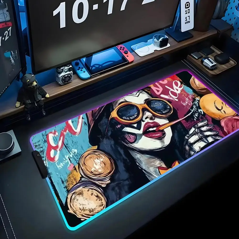 

American hip-hop red lips Mouse Pad RGB Gaming Big LED Pad PC Desk Mat Luminous Mouse Pad Large Keyboard Mats Table