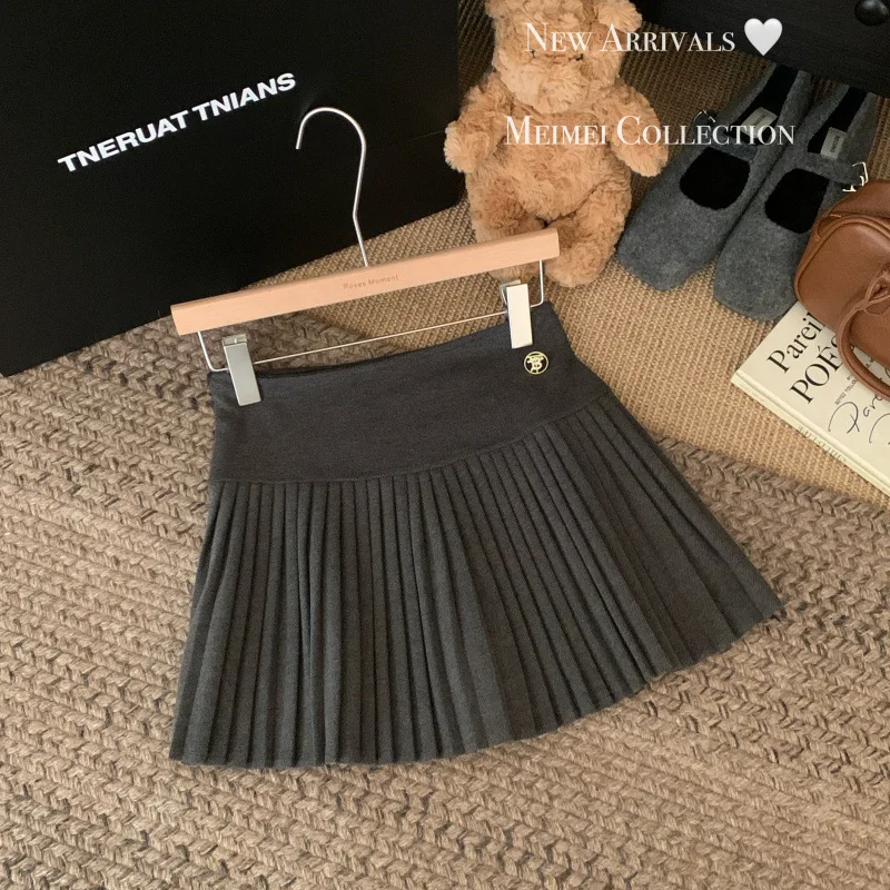 Falda plisada estilo Preppy falda de tela de lana de cintura alta nueva falda versátil dulce linda Otoño Invierno falda acampanada para estudiantes