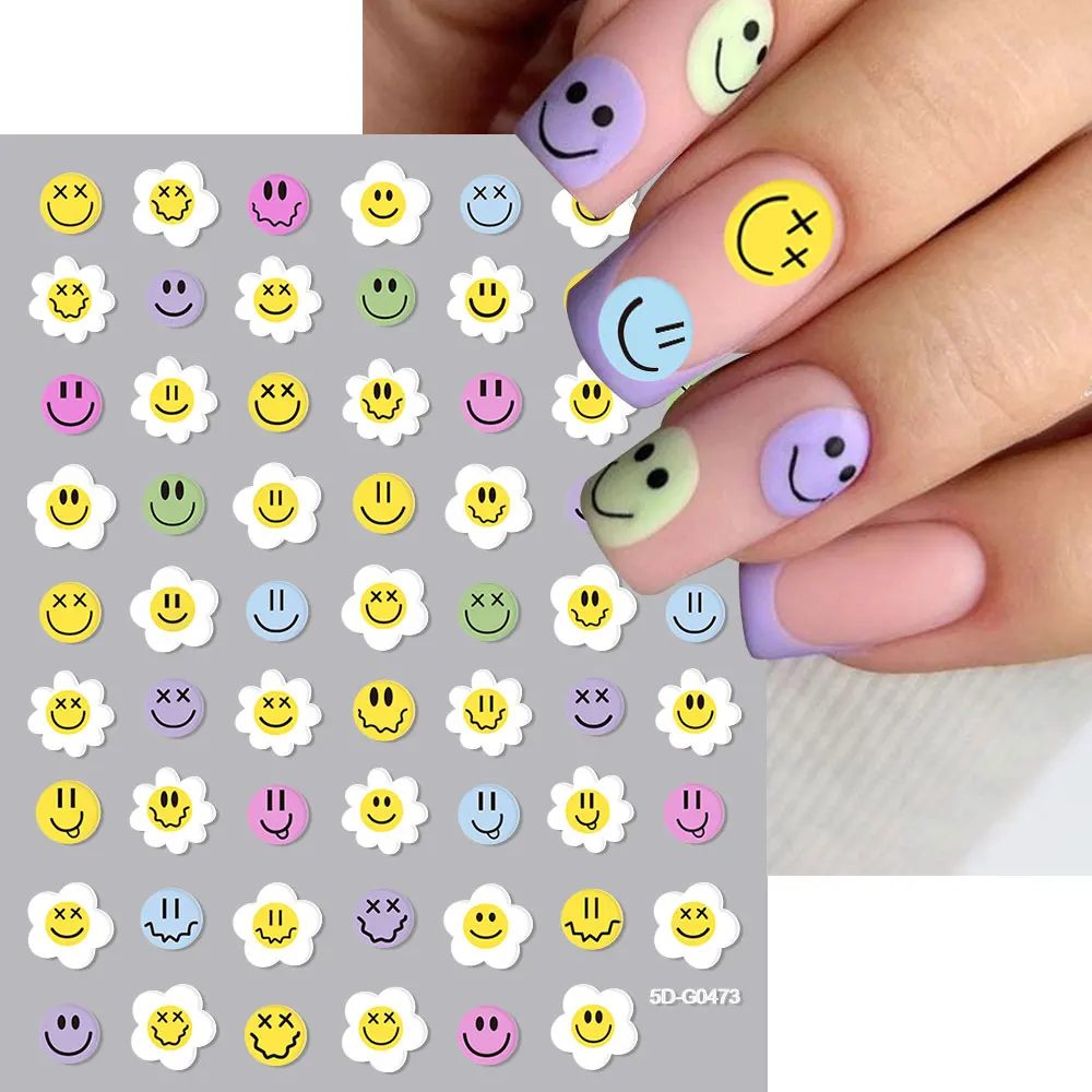 Pegatinas para decoración de uñas con sonrisa en relieve 5D, calcomanías divertidas/humorantes para decoración de uñas con diseño autoadhesivo de macarrón Kawaii, decoración feliz DIY