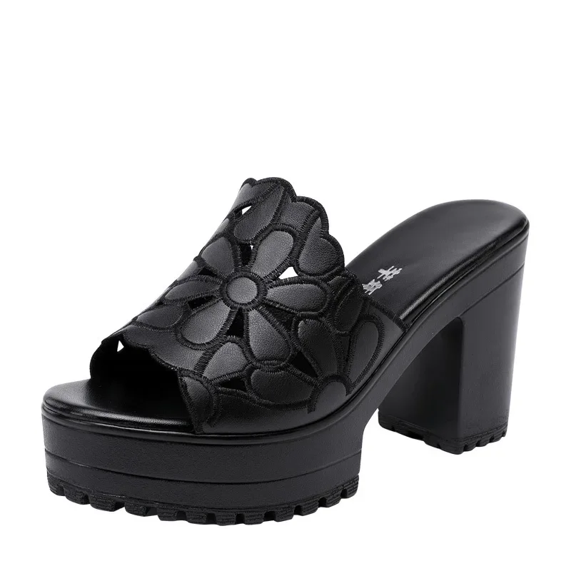 Plus Size 32-43 Elegant Black Floral Cutout Block High Heels Slides Platform Shoes 2024 Womens Summer Thick Sole Slippers