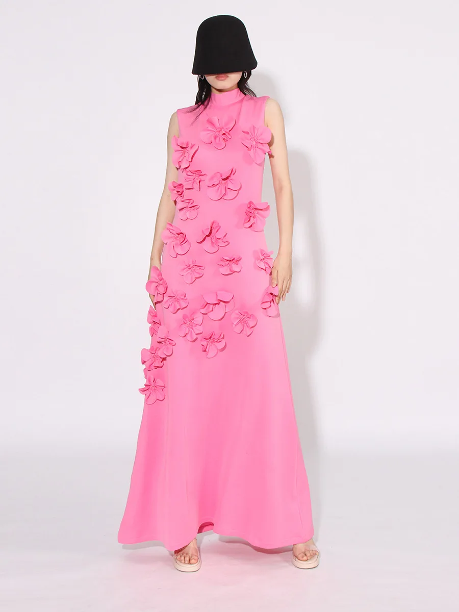 

Spliced Appliques Elegant Dresses For Women Stand Collar Sleeveless High Waist Patchwork Zipper Long Dress Female