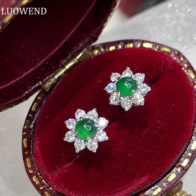 

LUOWEND 18K White Gold Earrings Real Natural 0.34carat Diamond Luxury Jadeite Stud Earring for Women Elegant Flower Design Fine