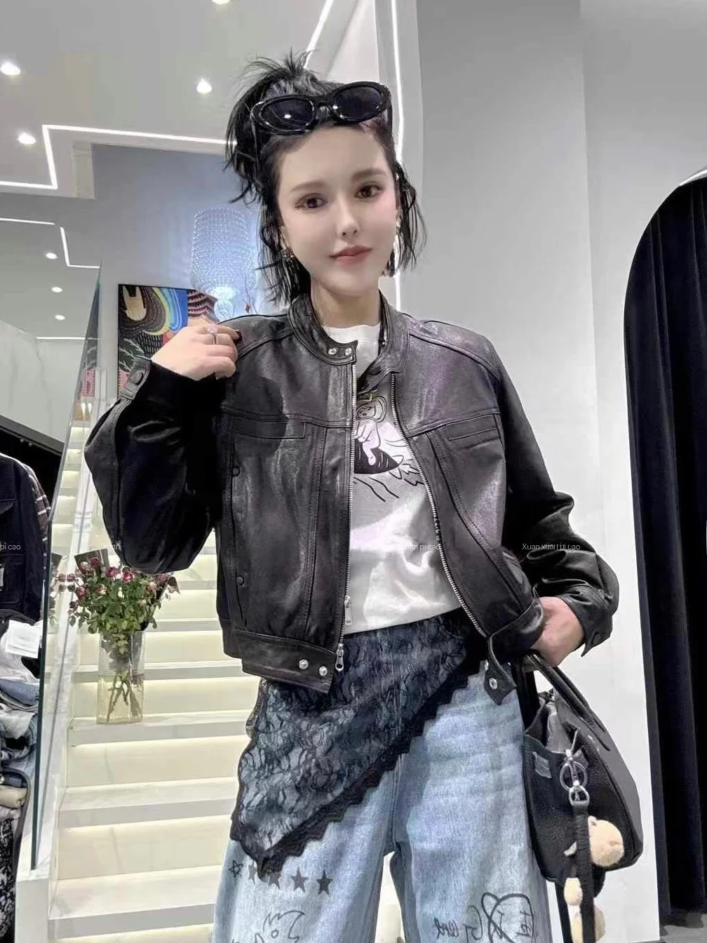 

Ning 2025 Spring Autumn New Sle Women's ort Leather Jaet eepskin Genuine Leather Biker Coat Faionable Commute...