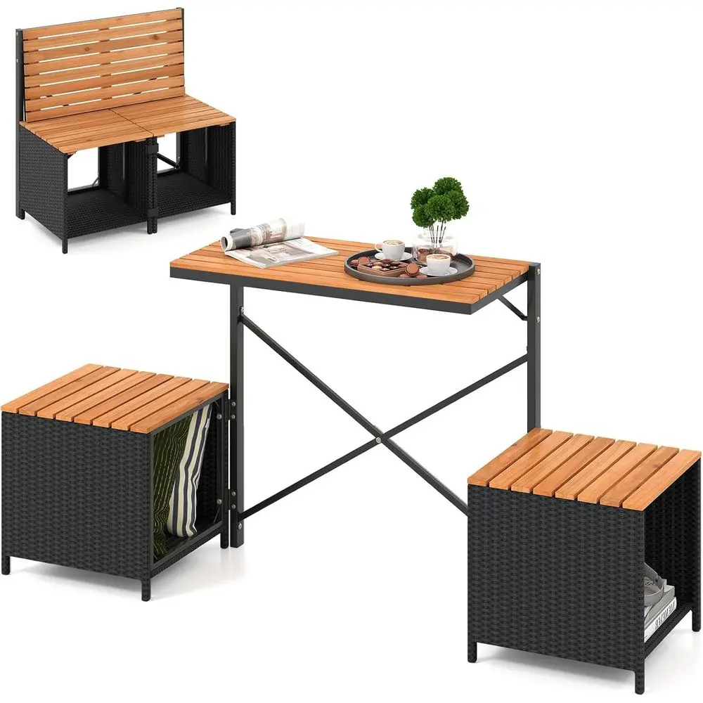 

Outdoor Convertible Bench and Picnic Table Set with PE Rattan and Acacia Wood for Garden, Patio, and Deck