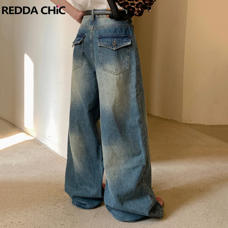 REDDACHiC Women Distressed Wide Leg Denim Pants Vintage Wash Whiskers High Waist Straight Baggy Jeans Boyfriend Casual Clothes